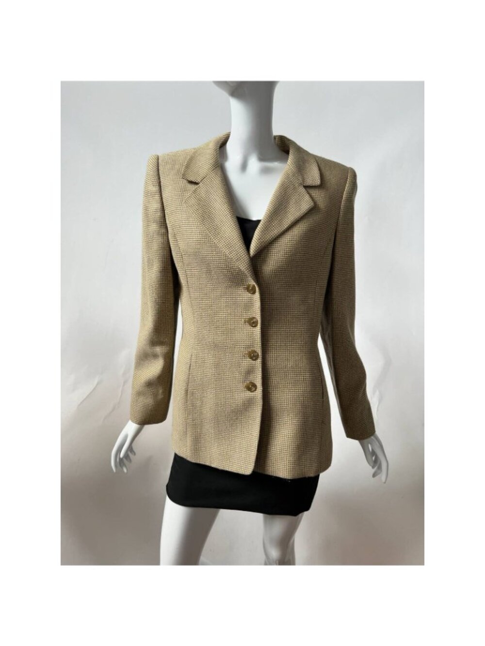Linda Allard Ellen Tracy Vintage Petite Blazer Beige Houndstooth Wool Silk Blend - Picture 11 of 12